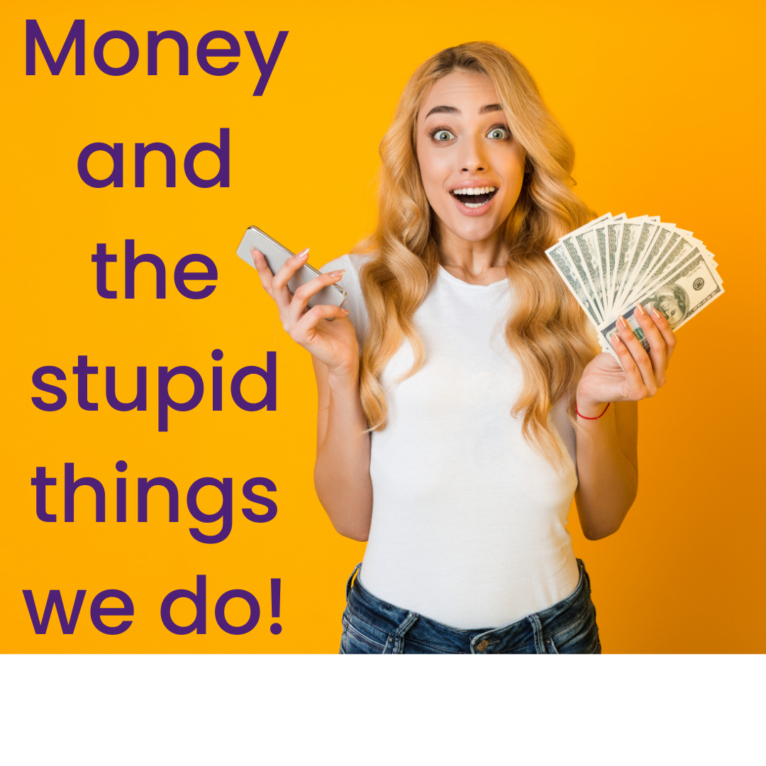 A woman holding a phone and a handful of money